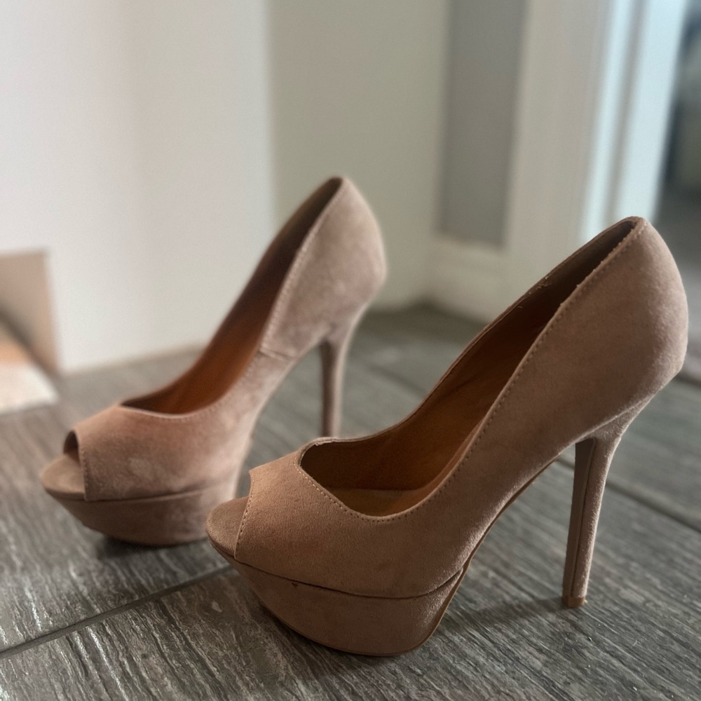 Qupid Tan Peep-Toe Platform Heels